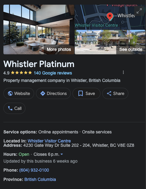 A screenshot of a Google Business Profile for Whistler Platinum, a property management company focusing on their local SEO for real estate