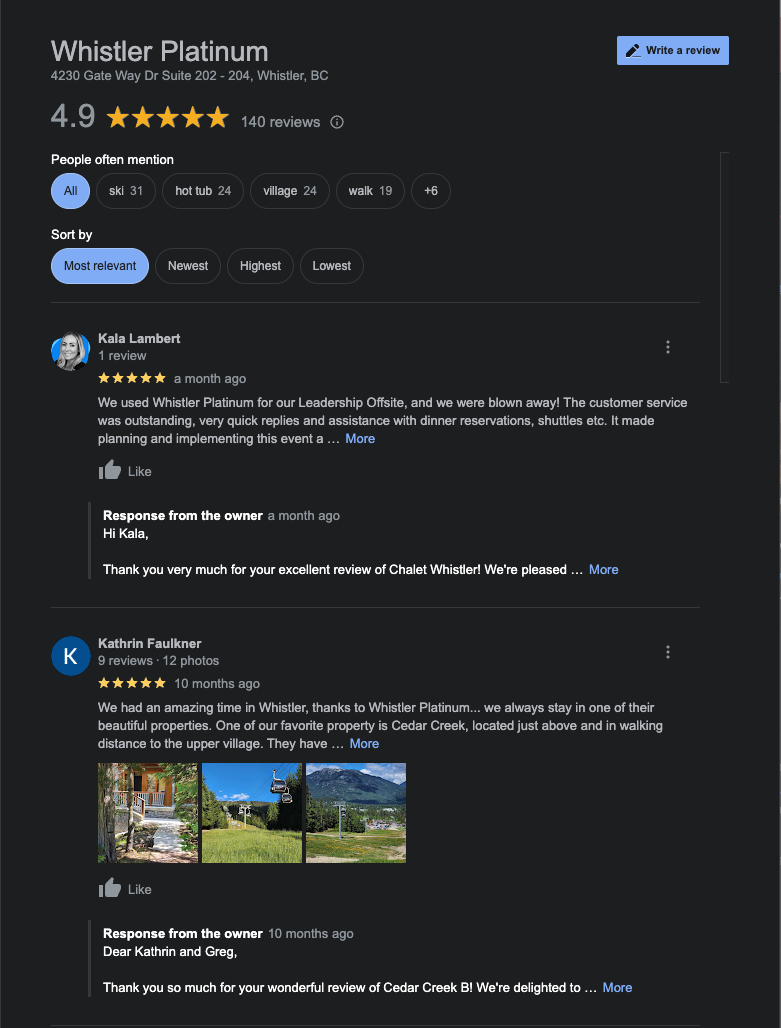 A screenshot of reviews for Whistler Platinum, a property management company, focusing on their Google reviews for Real Estate SEO