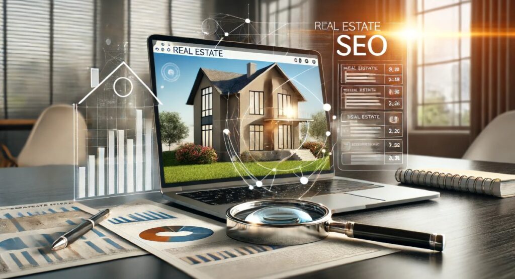 A laptop displaying a real estate website, charts, and graphs on the screen. The image represents the concept of optimizing real estate for SEO