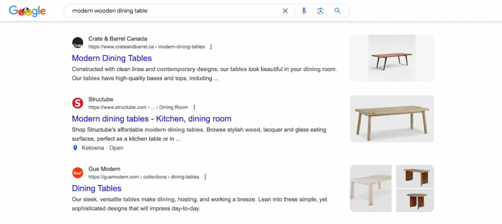 Google rich results featuring modern wooden dining tables with optimized product images