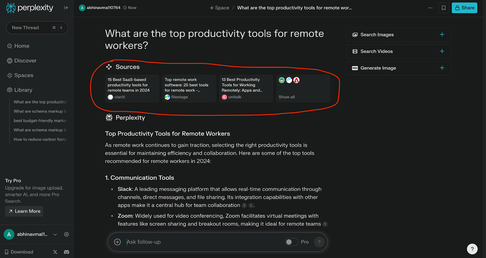 Screenshot of Perplexity AI's user interface displaying a search query and AI-generated response.