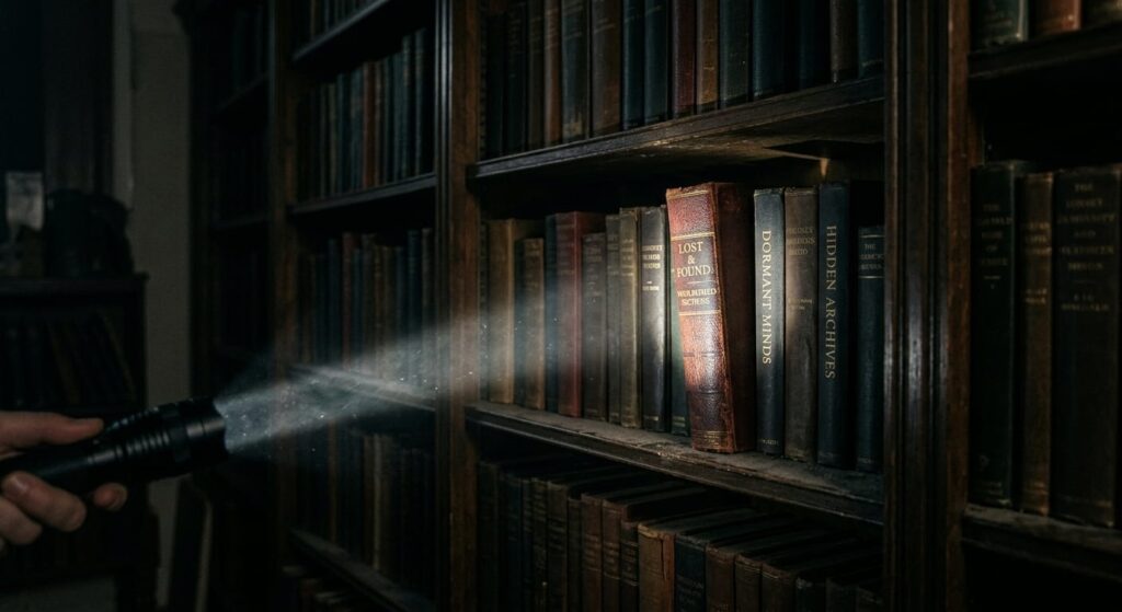 Flashlight illuminating specific books on a dark library shelf, including titles like Lost and Found and Hidden Archives, representing how Google's Passage Ranking finds and ranks buried content sections