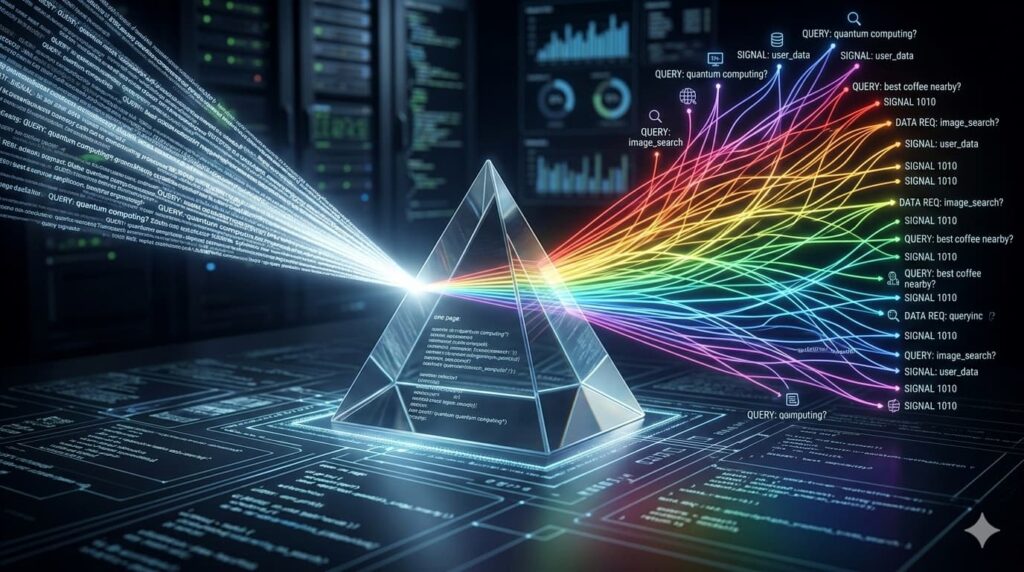 Prism splitting a single beam of light into multiple colored signals, representing how Google's Passage Ranking surfaces one page across multiple search queries