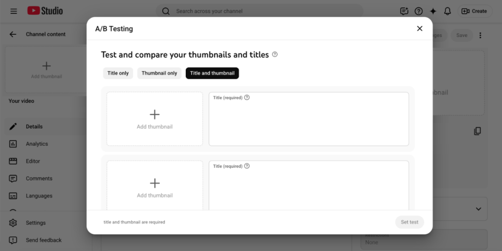 YouTube Studio A/B testing interface displaying options to test thumbnails and titles with multiple variations for a single video upload.