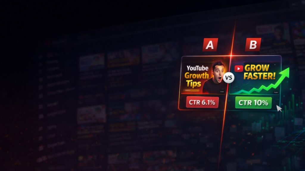 YouTube thumbnail A/B testing comparison showing two video thumbnails labeled A and B with different CTR results, illustrating how thumbnail and title testing improves video performance.