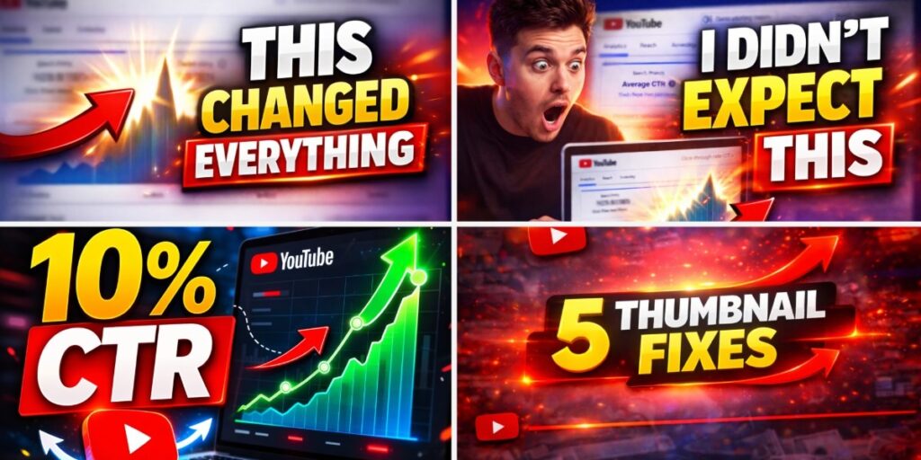 Composite image showing four contrasting YouTube thumbnail styles illustrating click psychology: curiosity-driven headline (“This Changed Everything”), emotional reaction thumbnail (“I Didn’t Expect This”), performance-focused design showing “10% CTR” with analytics graph, and value-based educational thumbnail titled “5 Thumbnail Fixes.”