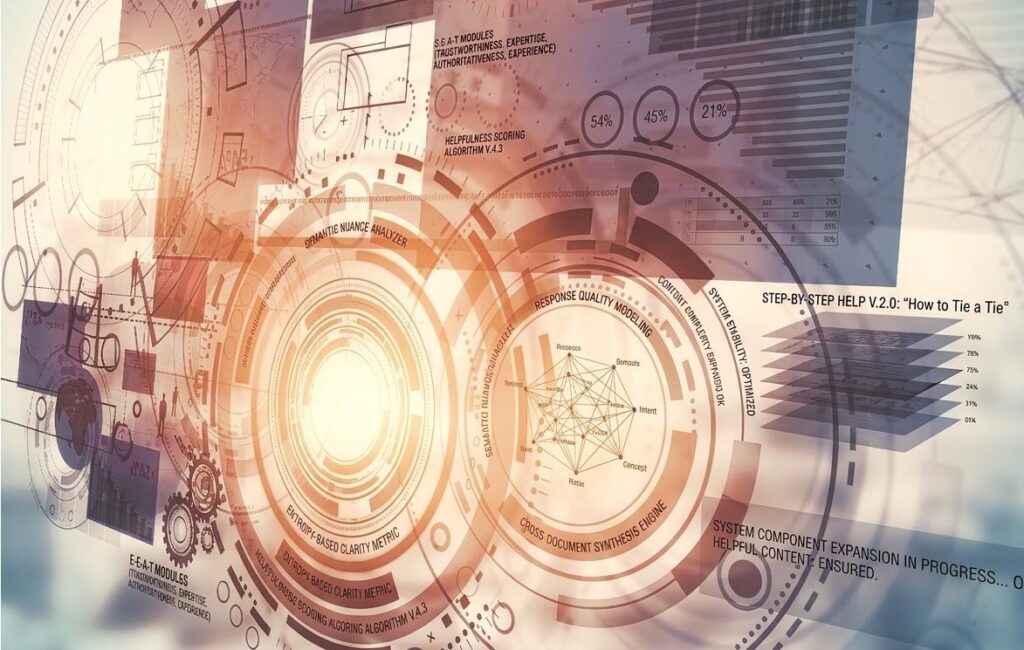 SEO and AEO content evaluation system showing E-E-A-T signals, semantic analysis, and search quality scoring layers