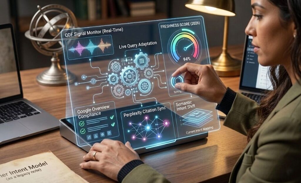 real-time SEO freshness optimization dashboard showing query adaptation, intent alignment, and content performance signals