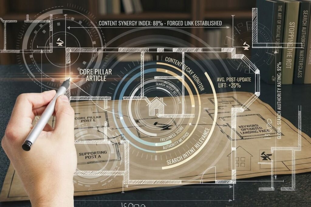 Content architecture blueprint showing core pillar page, supporting content, and internal linking structure to prevent content decay