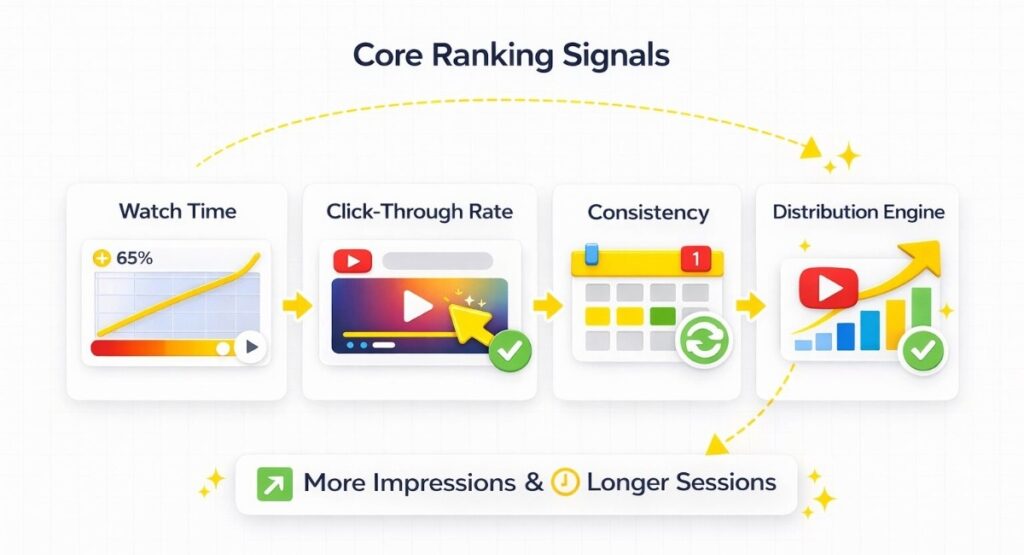 YouTube algorithm ranking signals diagram showing watch time, click-through rate, consistency, and distribution driving impressions and session growth