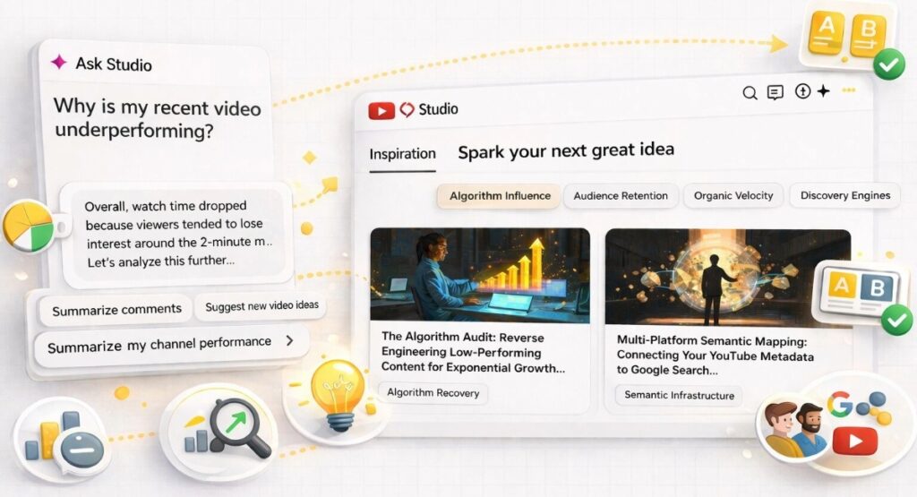 YouTube Studio AI tools dashboard with Ask Studio insights, audience analytics, and content optimization features for improving video performance