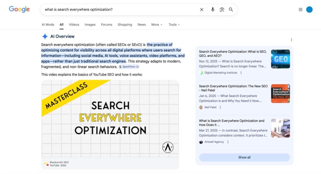 Google AI Overviews search results featuring YouTube video content integrated into AI-generated answers for search queries
