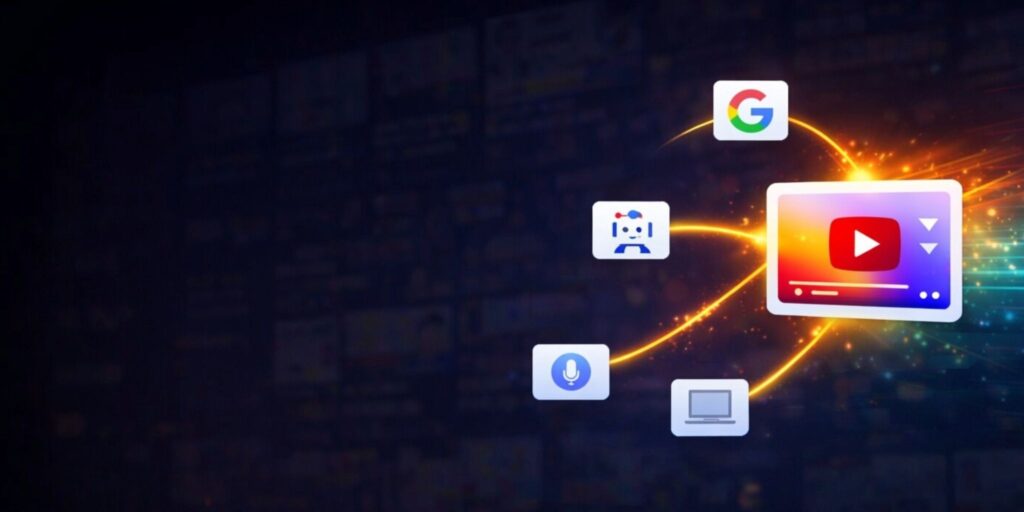 YouTube SEO in 2026 concept showing video distribution across Google, AI search, and multiple platforms for increased visibility