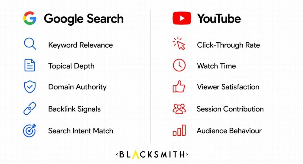 Side-by-side comparison infographic showing the five key ranking signals for Google Search — keyword relevance, topical depth, domain authority, backlink signals, and search intent match — versus the five key performance signals for YouTube — click-through rate, watch time, viewer satisfaction, session contribution, and audience behaviour.