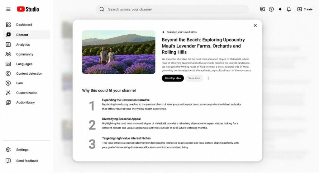 YouTube Studio's Inspiration tab displaying the AI-generated topic suggestion 'Beyond the Beach: Exploring Upcountry Maui's Lavender Farms, Orchards and Rolling Hills,' including the three channel-fit rationale points generated by YouTube's AI.