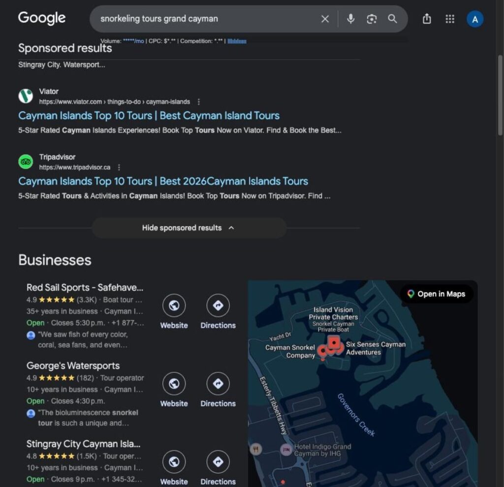 Screenshot of Google Business Profile listings for tourism operators showing review stars, photos, and local pack placement