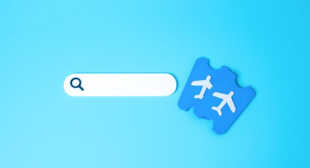 A search bar graphic with a magnifying glass icon sits beside blue stylized airline tickets