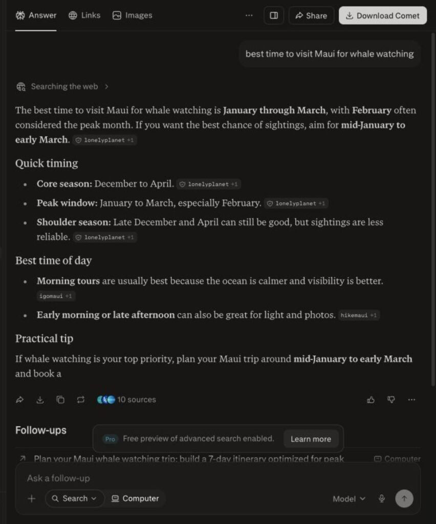 Screenshot of a perplexity response for a travel query like "best time to visit Maui," showing how AI surfaces tourism content with cited source.